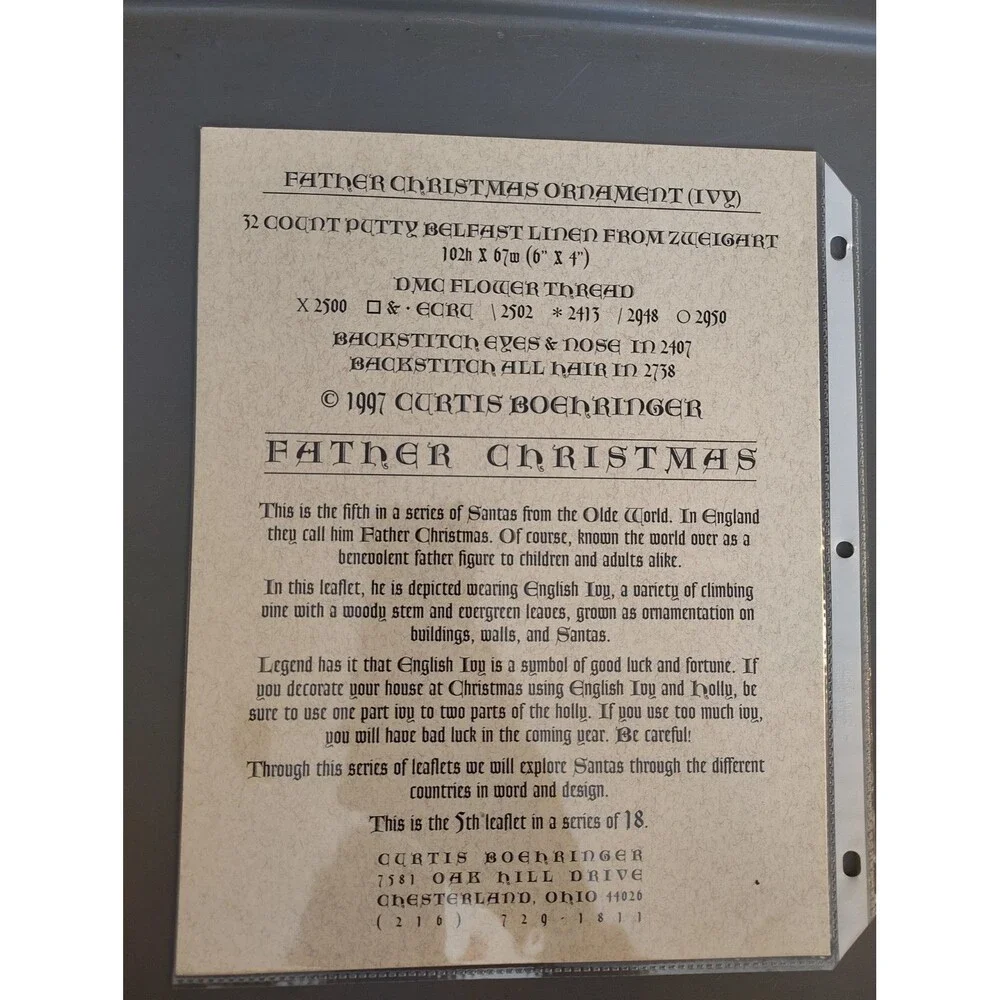Curtis Boehringer Olde World Santas FATHER CHRISTMAS IVY Cross Stitch Pattern...